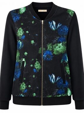 Miss Morena Womens Floral Zip-Up Bomber Jacket Medium Black & Blue Polyester